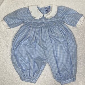 Carriage Boutique Blue and White plaid smocked bow bubble  Baby Romper 3m